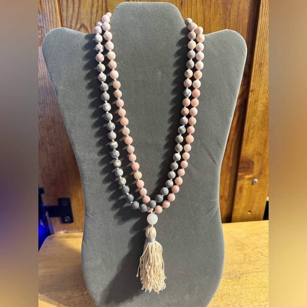Long frosted gemstone beaded tassel necklace